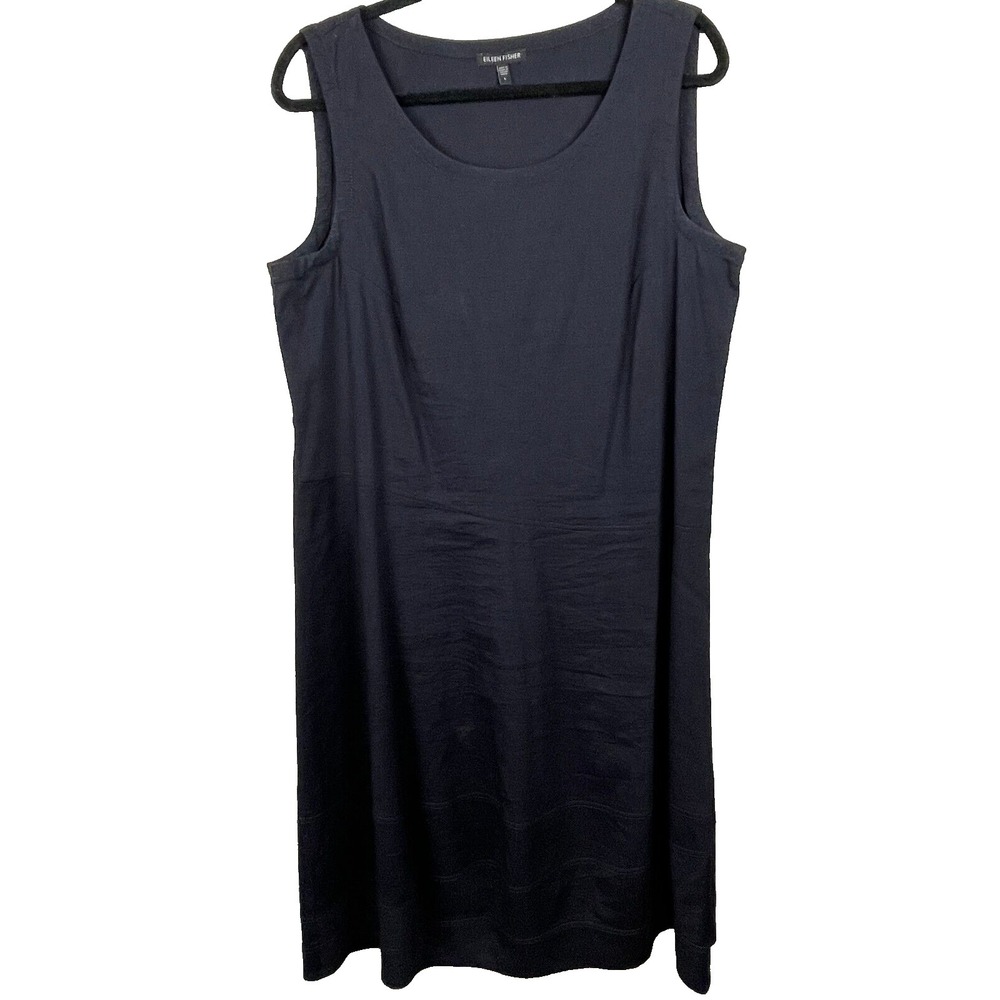 EILEEN FISHER Dress Large Blue‎ Midi Stretch Viscose Linen Sleeveless Lagenlook